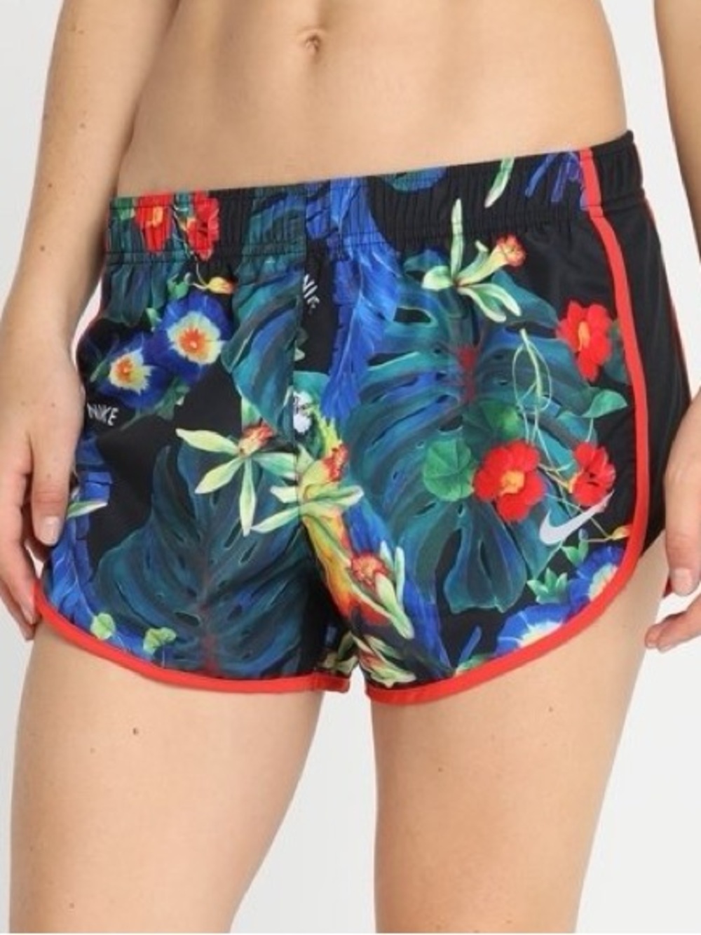 Nike Dri-Fit Tempo Tropical Plant Floral Peacock Athletic Running Shorts Black